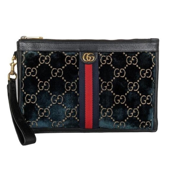 Gucci Clutch Gg Mormont Matelasse Zip Pouch Blue Velvet Wristlet